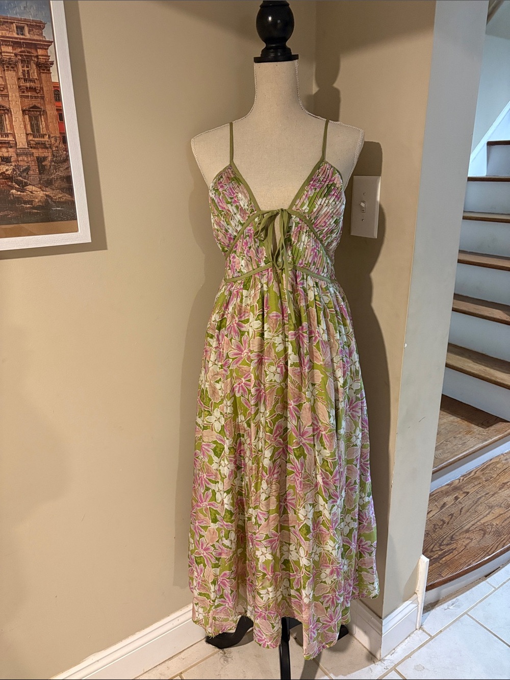 La Saison Floral Maxi Dress Size Medium Green Pink Cottagecore